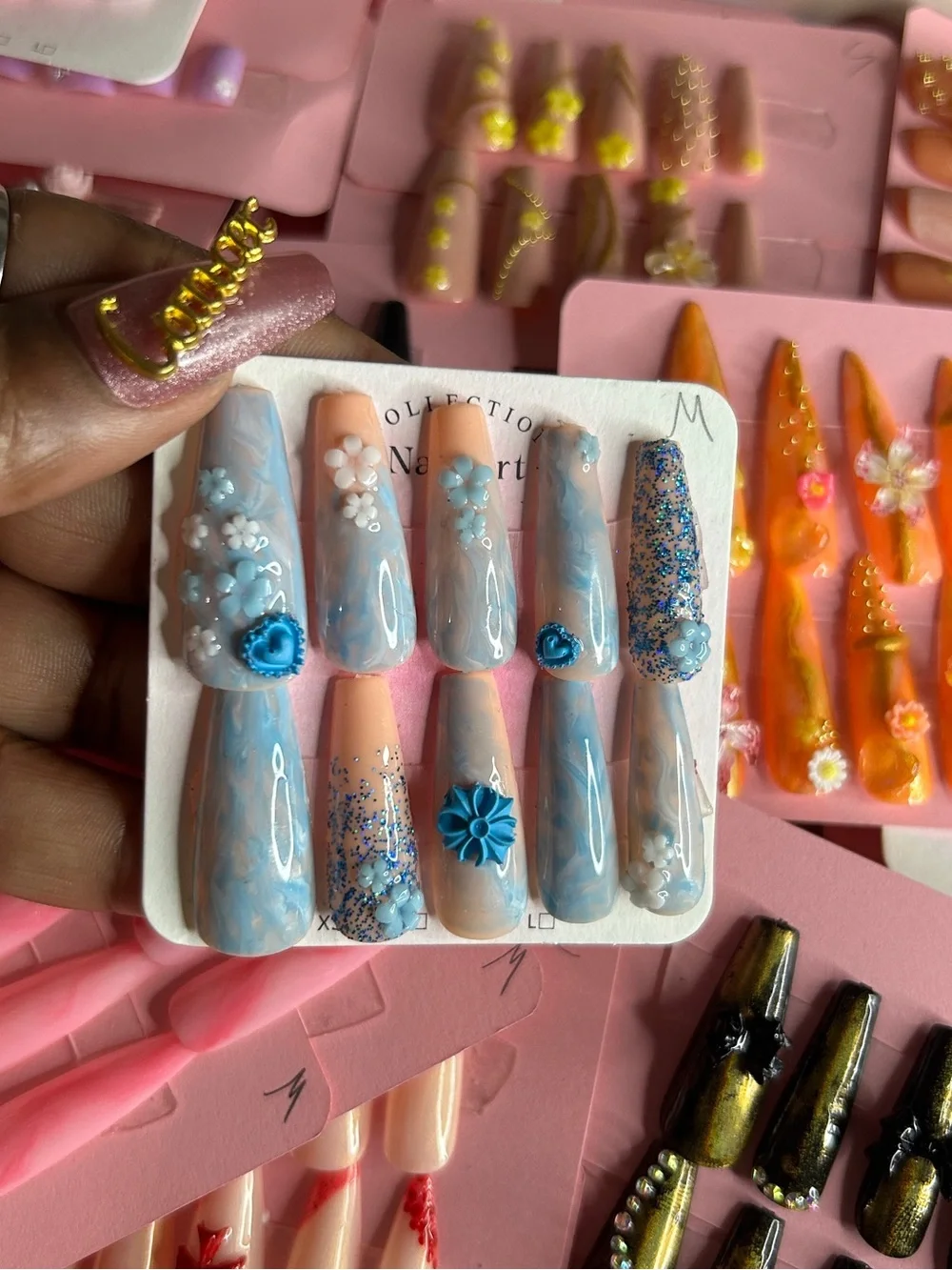 Blue & Peach Floral 3D Press-On Nail Set